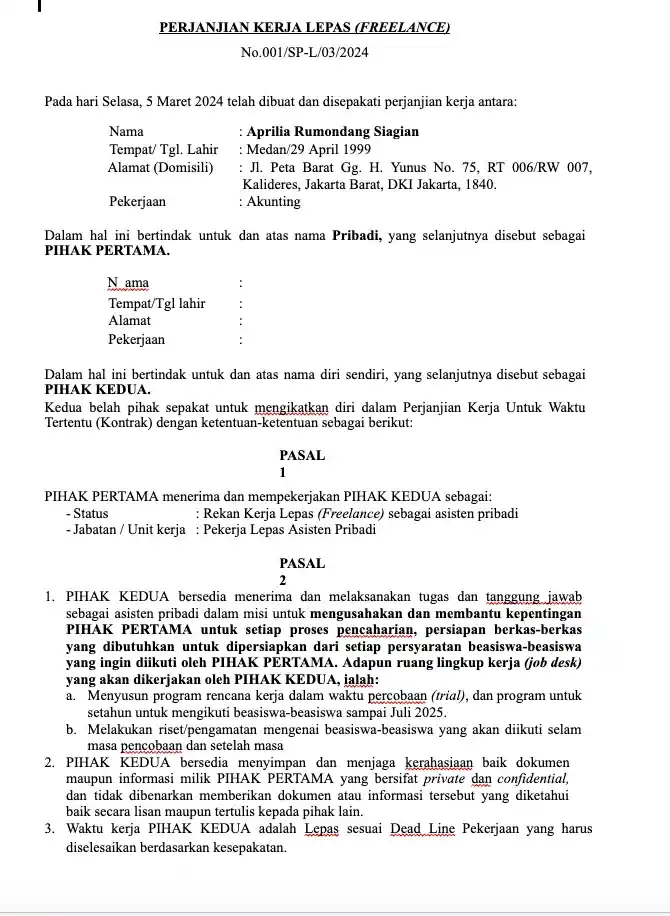 contoh kontrak kerja freelance