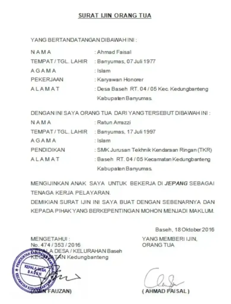contoh surat izin orang tua untuk bekerja