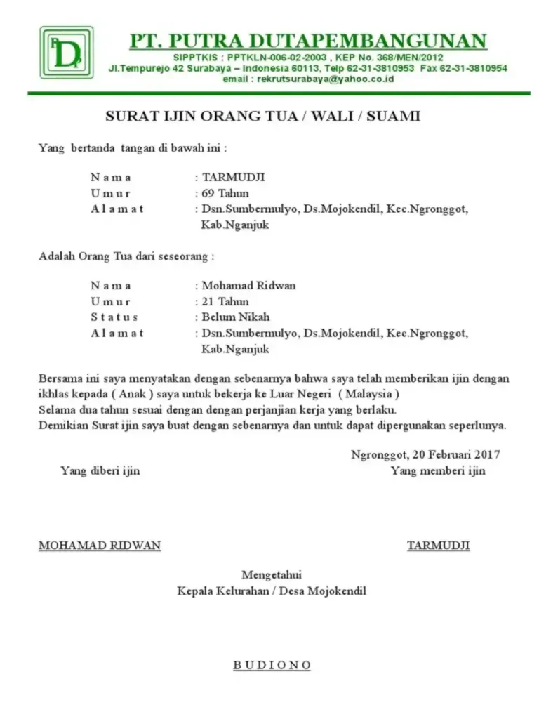 contoh surat izin orang tua untuk bekerja