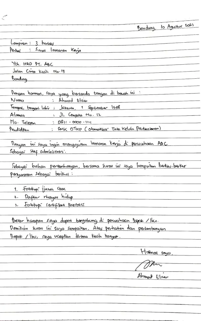 contoh surat lamaran kerja pabrik