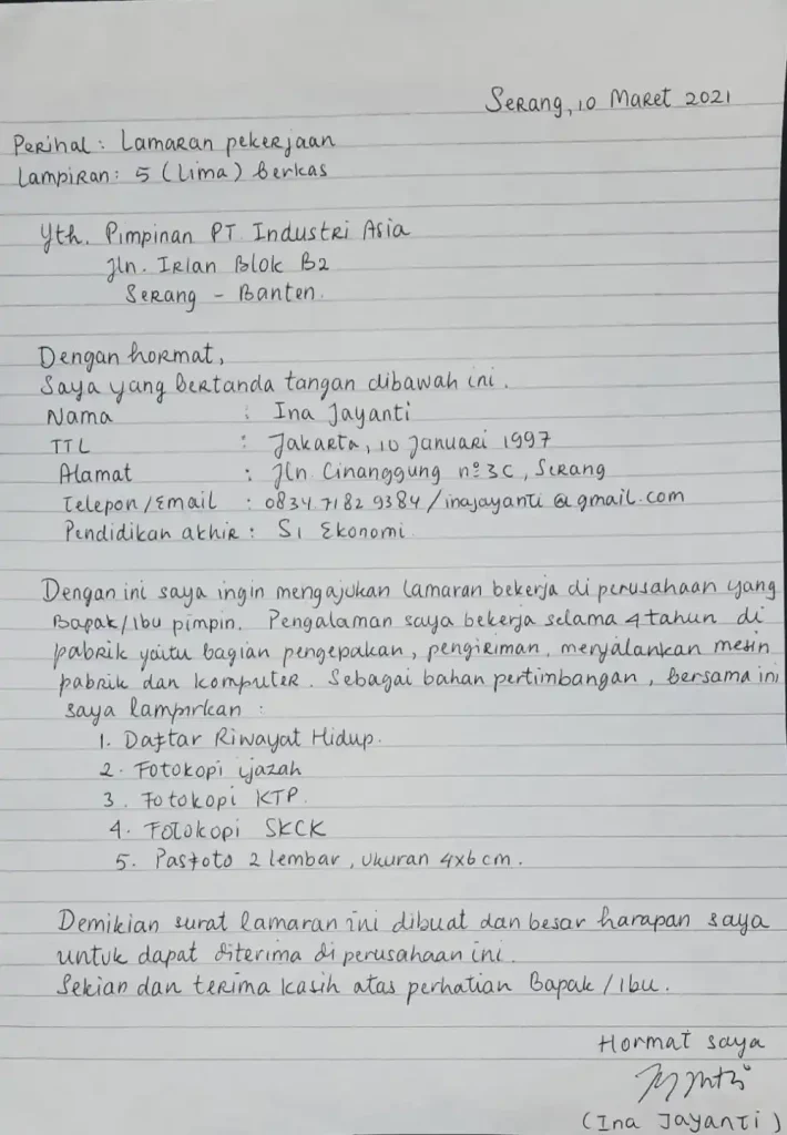 contoh surat lamaran kerja pabrik