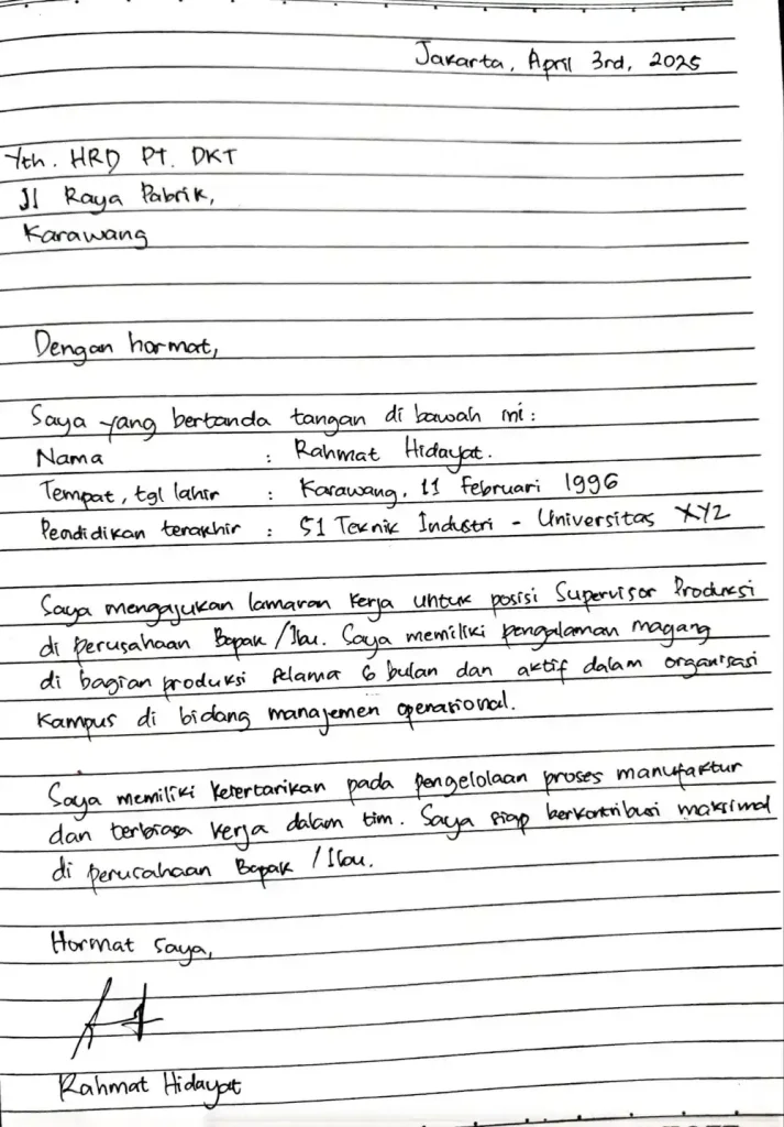 contoh surat lamaran kerja pabrik