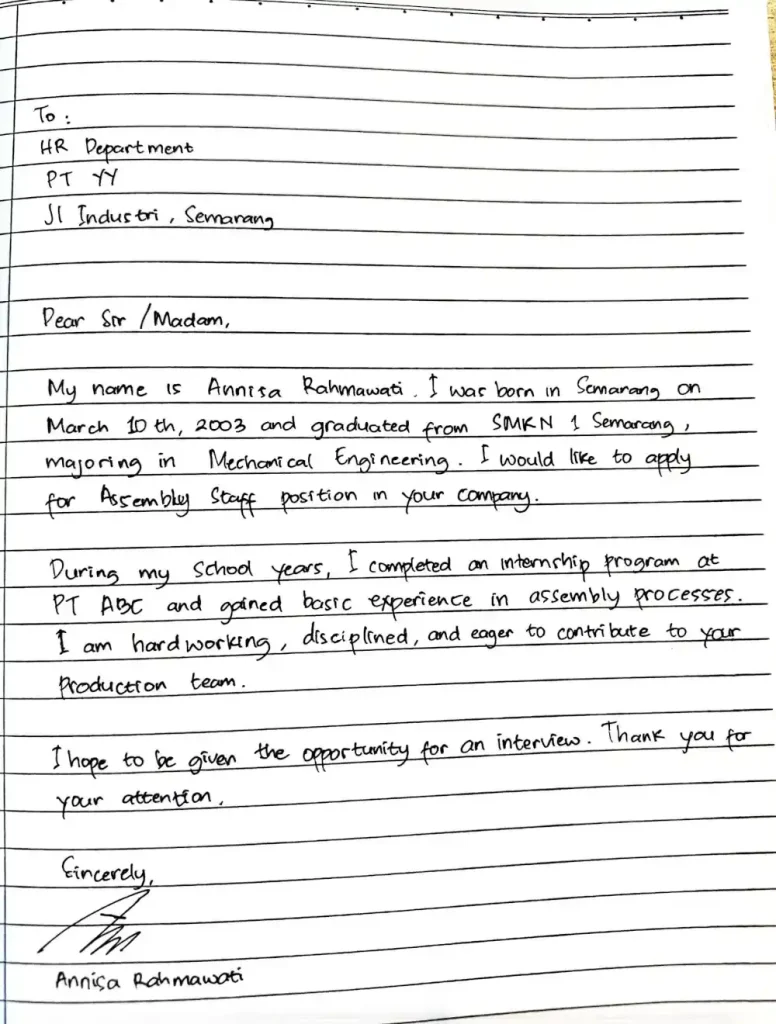 contoh surat lamaran kerja pabrik