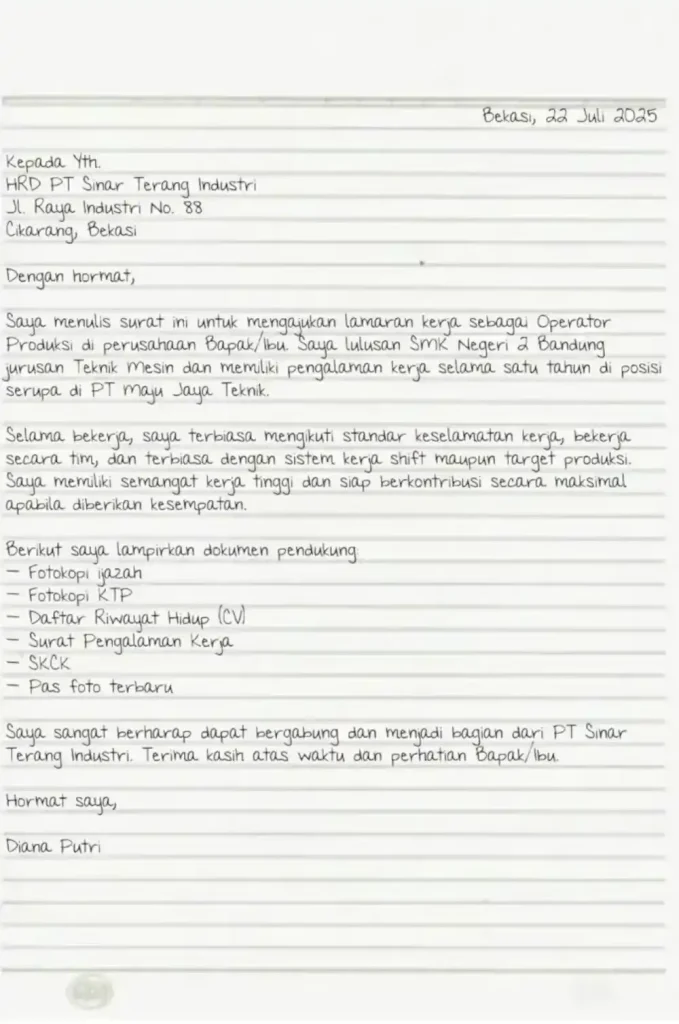 contoh surat lamaran kerja pabrik