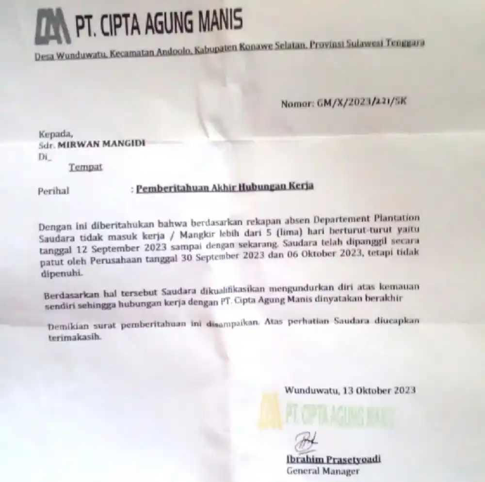 surat pemberhentian kerja