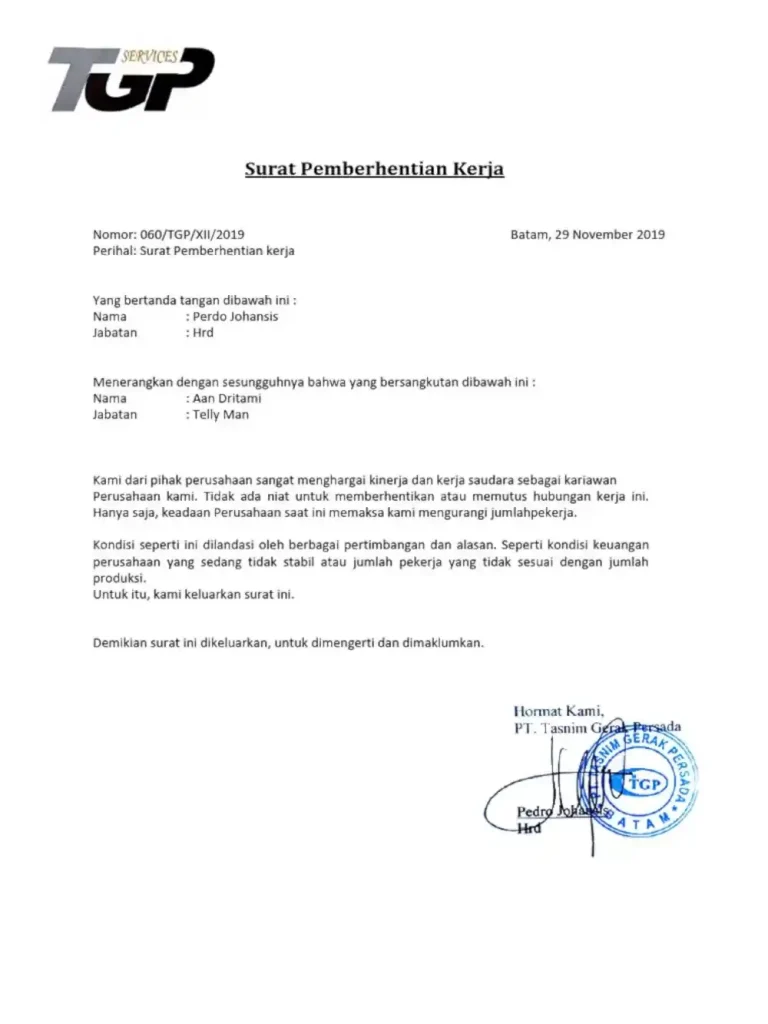 surat pemberhentian kerja