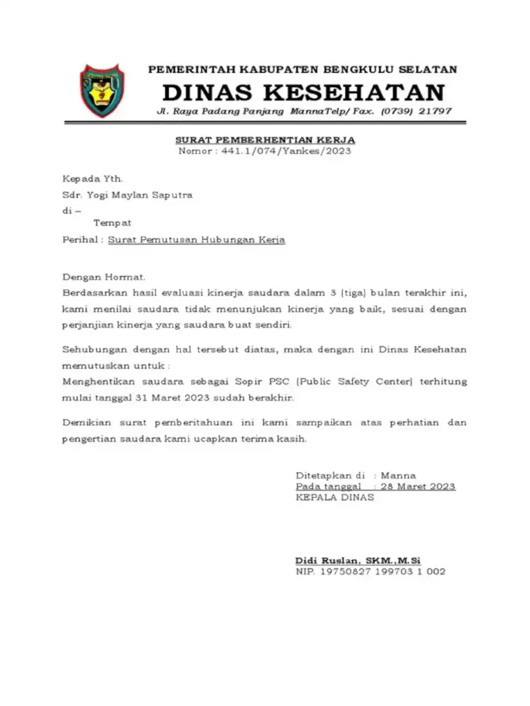 surat pemberhentian kerja