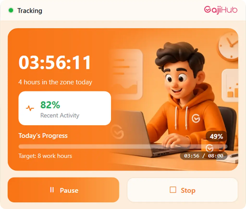 Karyawan menekan mulai di aplikasi GajiHub TimeTracker